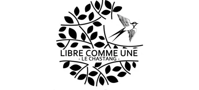 Logo de 'Libre Comme Une', une association située à Le Chastang. Illustré par un arbre stylisé avec des feuilles et un oiseau en vol, symbolisant la liberté et la communauté naturelle.
