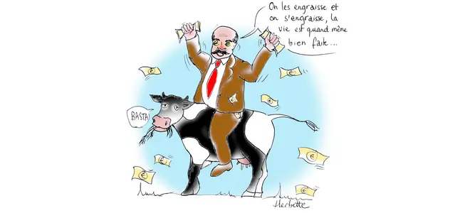 Illustration d’Herbette : un homme en costume brandit des billets devant une vache — « On les engraisse et on s’enrichit… »