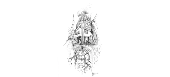 Illustration de Sylvain Donadieu : la ville en coupe, où l’eau circule des toits aux nappes — « ville éponge ».