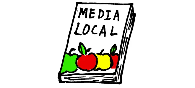 Illustration : un journal « MEDIA LOCAL » entrouvert, une pomme posée dessus.