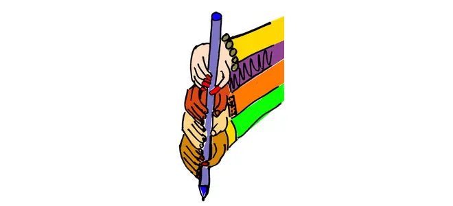 Illustration : une main tient un gros crayon marqué « J’ÉCRIS », drapeau bigarré — écriture inclusive.