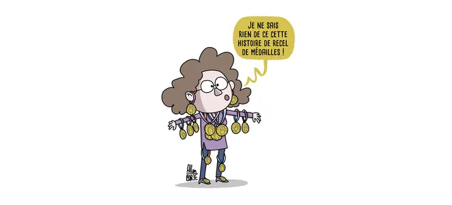 Illustration d’Allan Barte : une postière couverte de médailles, bras écartés — « Je ne sais rien de cette histoire de recel de médailles ! »