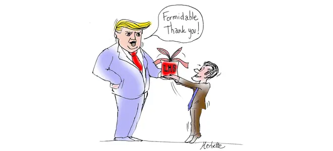 Dessin d’Herbette : Donald Trump reçoit un paquet cadeau « LMB » des mains d’un homme en costume — « Formidable, thank you! »