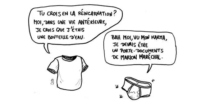 Dessin de Cuzo représentant un slip et un t-shirt discutant de la réincarnation