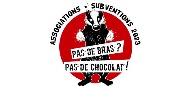 Illustration : une femme au poing levé dans un badge « Pas de bras ? Pas de chocolat ! »