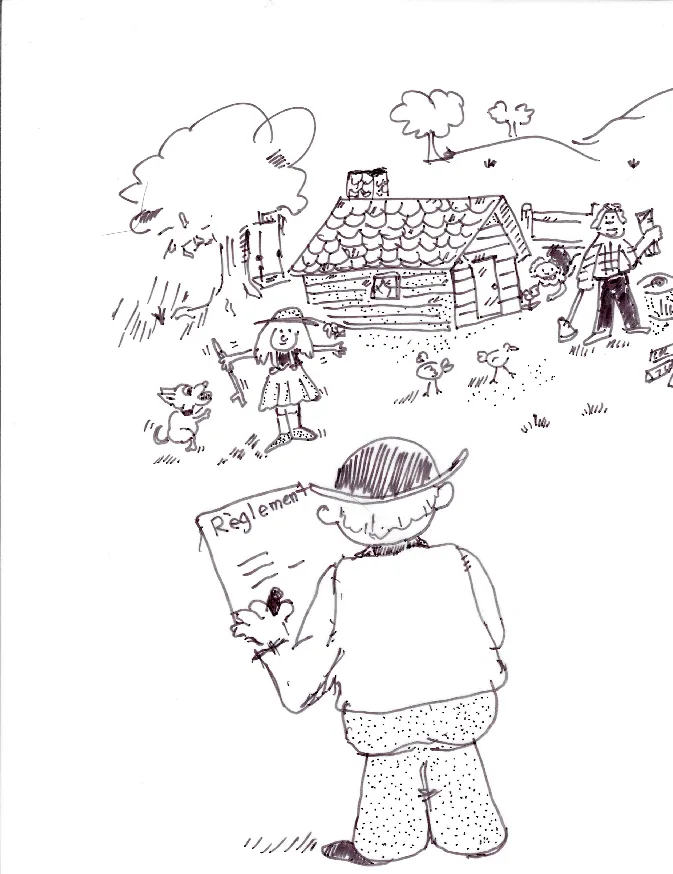 Dessin à l'encre : un homme signe un « Règlement » devant une ferme