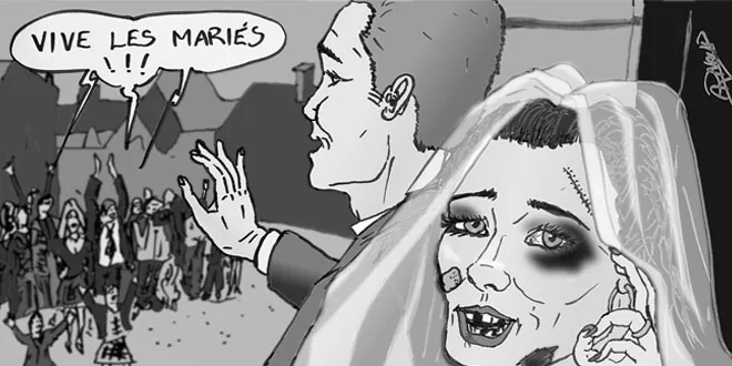 Illustration de violence conjuguale avec une femme battu se marriant