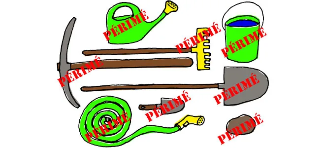 Illustration d'outils agricoles marqués "Périmé", symbolisant la perte de la capacité professionnelle agricole pour certains diplômés, comme Camille, à la suite d'un arrêté de 2022, compliquant leur accès à l'exploitation des terres.