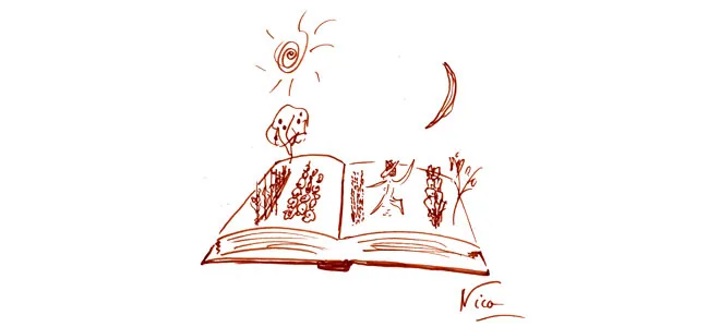 Dessin représentant un livre ouvert avec des paysages agricoles, des prairies et des plantations, illustrant le guide "Prairies et pâturage en Limousin" qui explore la richesse de ce territoire à travers les savoirs paysans et botanistes.