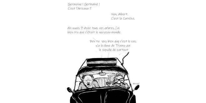 Dessin humoristique : deux personnes devant une voiture