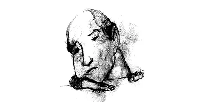 Dessin à l'encre : un visage pensif appuyé sur une main