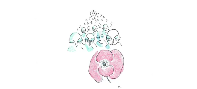 Illustration : une fleur rose entourée de petits personnages
