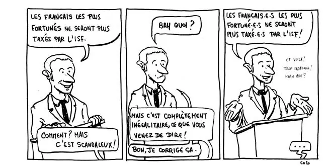 Caricature de Macron parlant de l'ISF