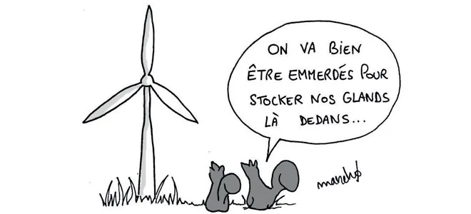 Dessin : une éolienne et deux écureuils inquiets pour leurs glands