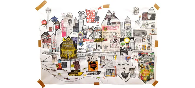 Œuvre collective créée lors du Festival de La Trousse, coordonnée par Marie Delnaud. Ce collage mêle affiches, dessins et éléments visuels en résonance avec la conférence gesticulée "Y’a Pas de Nous Sans TOIT", reflétant l'engagement autour du logement et l'éducation populaire.