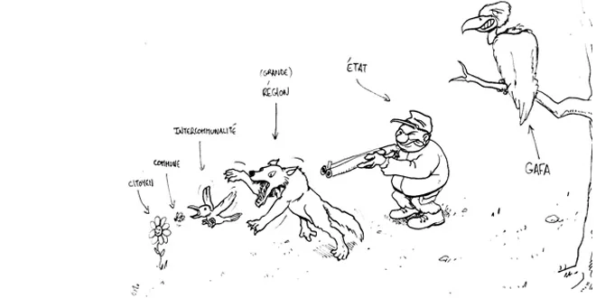 Dessin humoristique : des personnages discutant avec un chien