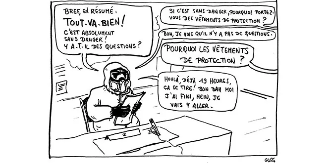 Dessin d'un scientifique minimisant les risques de l'Uranium