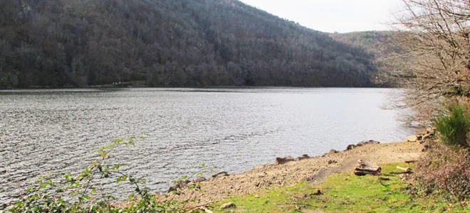 Photographie d'un lac bordé d'une colline boisée