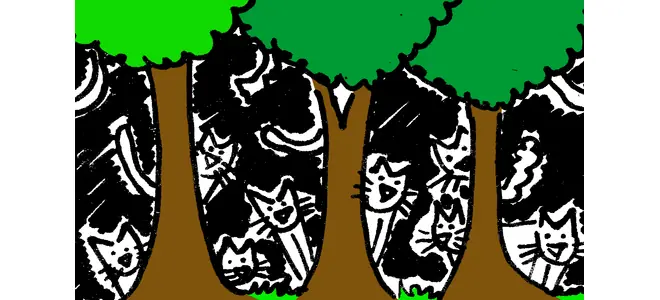 Illustration : sous les arbres d’une forêt dense, des visages et des silhouettes se dessinent en noir et blanc — bois du Chat à Tarnac.