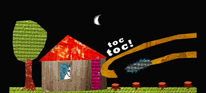 Illustration : une maison en bois sous la lune, entourée de grumes