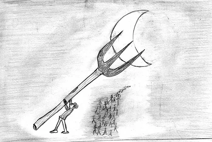 Dessin à l'encre : un personnage porte une fourche géante