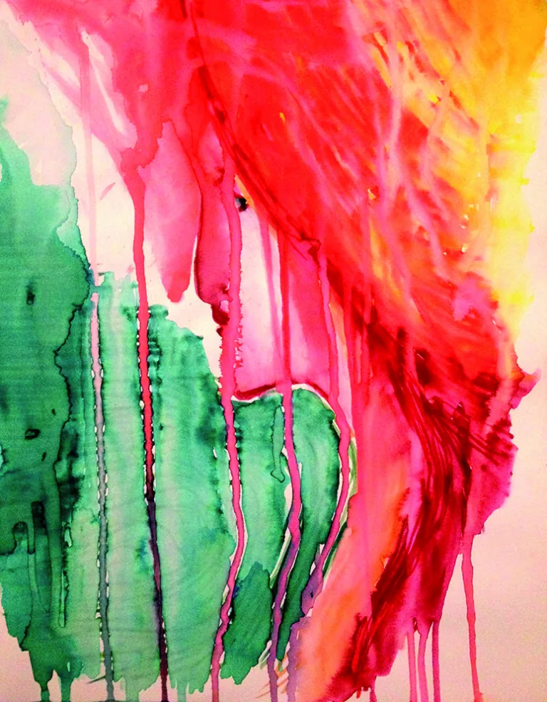 Aquarelle abstraite aux coulures rouges, roses et vertes