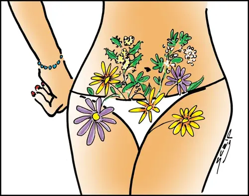 Dessin de Scalp : des fleurs sauvages s’échappant d’une culotte blanche.