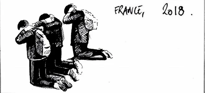 Dessin à l'encre : des personnes assises et menottées, « France 2018 »