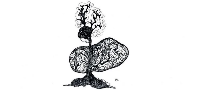 Dessin à l'encre : un arbre dont le tronc se prolonge en bois de cerf