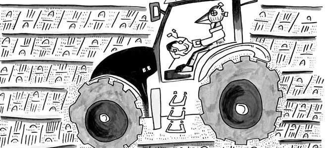 Dessin humoristique : un tracteur dans une rue de ville