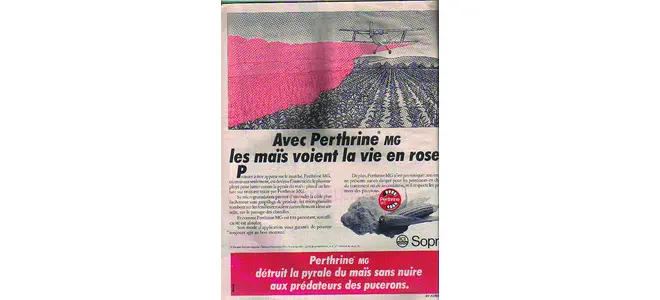 Publicité ancienne : « Avec Perthrine MG, les maïs voient la vie en rose »
