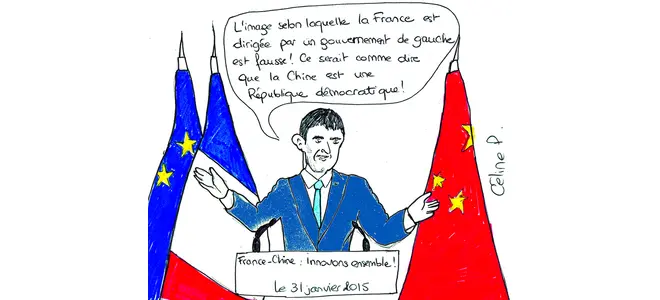 Dessin : Manuel Valls entre les drapeaux français et chinois, bulle « L’image de la France »