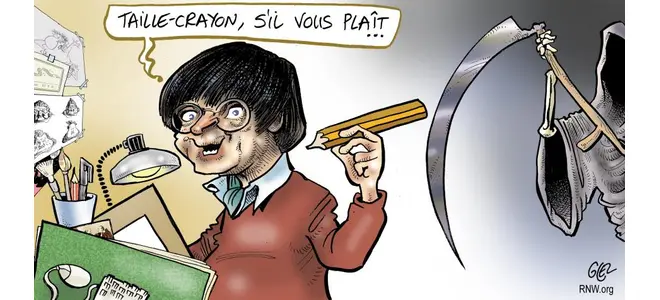 Dessin de Glez : « Taille-crayon, s’il vous plaît ! » — un homme à son bureau