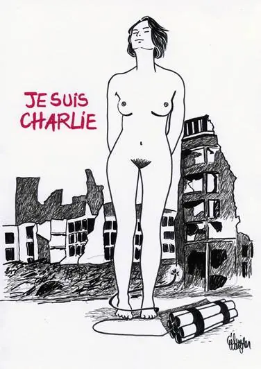 Dessin de Céline Wagner : une femme dans la ville, « Je suis Charlie » écrit en rouge