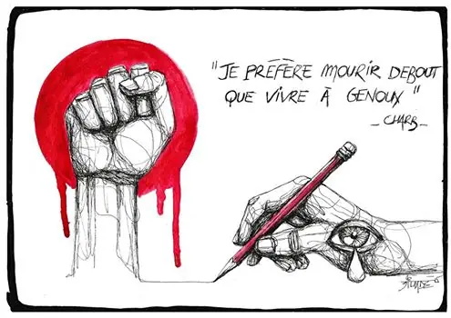 Dessin de Charb : un poing dressé tenant un crayon, « Je préfère mourir debout que vivre à genoux »