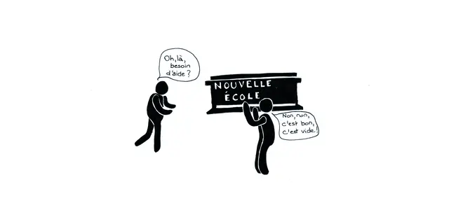 Dessin : le panneau « Nouvelle École » et une bêche — le collectif rend son tablier