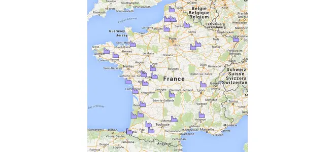 Carte de France couverte de repères signalant les projets d’élevage industriel