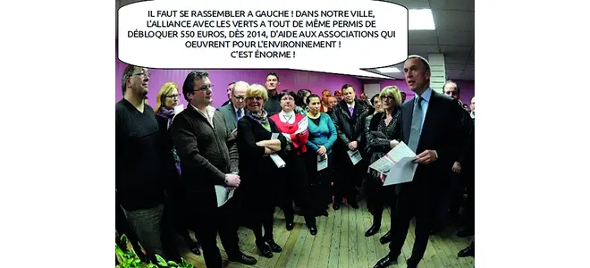 Photomontage : des élus et des habitants, bulle « Il faut se rassembler à gauche »