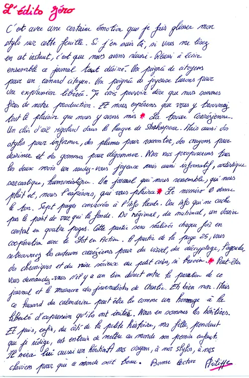 L’édito zéro, texte manuscrit signé Philippe