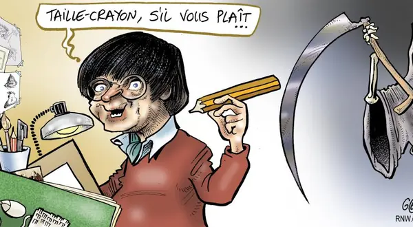 Dessin de Glez : « Taille-crayon, s’il vous plaît ! » — un homme à son bureau face à une grande machine à affûter
