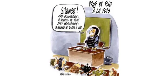 Dessin : « Prof et flic à la fois » — un enseignant en uniforme face à sa classe