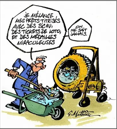 Dessin de G. Matthieu : un jardinier mélange ses préparations face à une étrange machine agricole