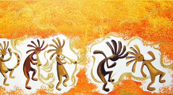 Illustration : oiseaux stylisés blancs sur fond orange (Kokopelli)