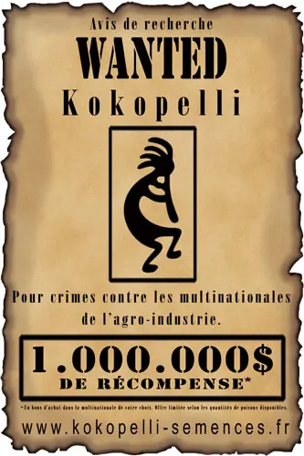 Affiche pastiche « Wanted Kokopelli » : avis de recherche, un million de dollars de récompense