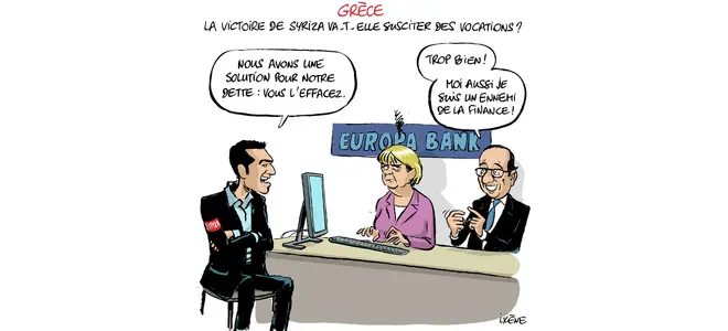 Dessin : Alexis Tsipras au guichet « Europa Bank » — « Nous avons une solution »