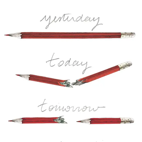 Illustration de Lucille Clerc : des crayons rouges et les mots « yesterday, today, tomorrow »