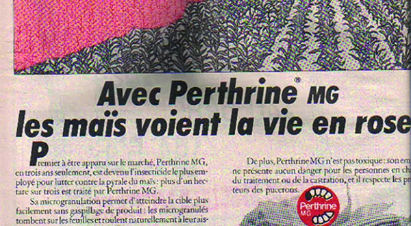 Publicité ancienne : « Avec Perthrine MG, les maïs voient la vie en rose »