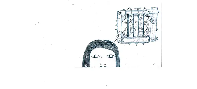 Dessin : le visage d’une enfant et un bâtiment aux fenêtres barrées