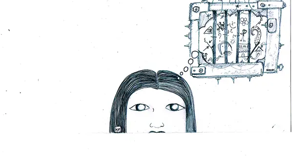 Photo et dessin : le visage d’une enfant et un bâtiment aux fenêtres barrées