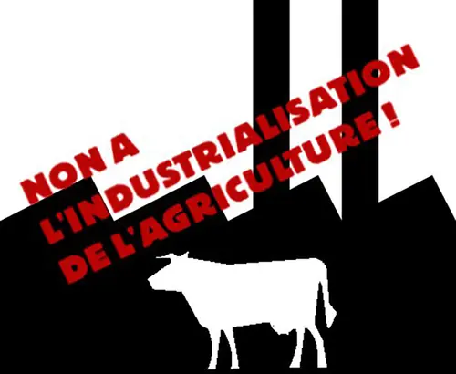 Affiche « Non à l’industrialisation de l’agriculture ! », avec une vache devant des cheminées d’usine